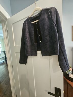 Corporate Crop Collarless Navy Textured Blazer - Classic Women's Suit Jacket